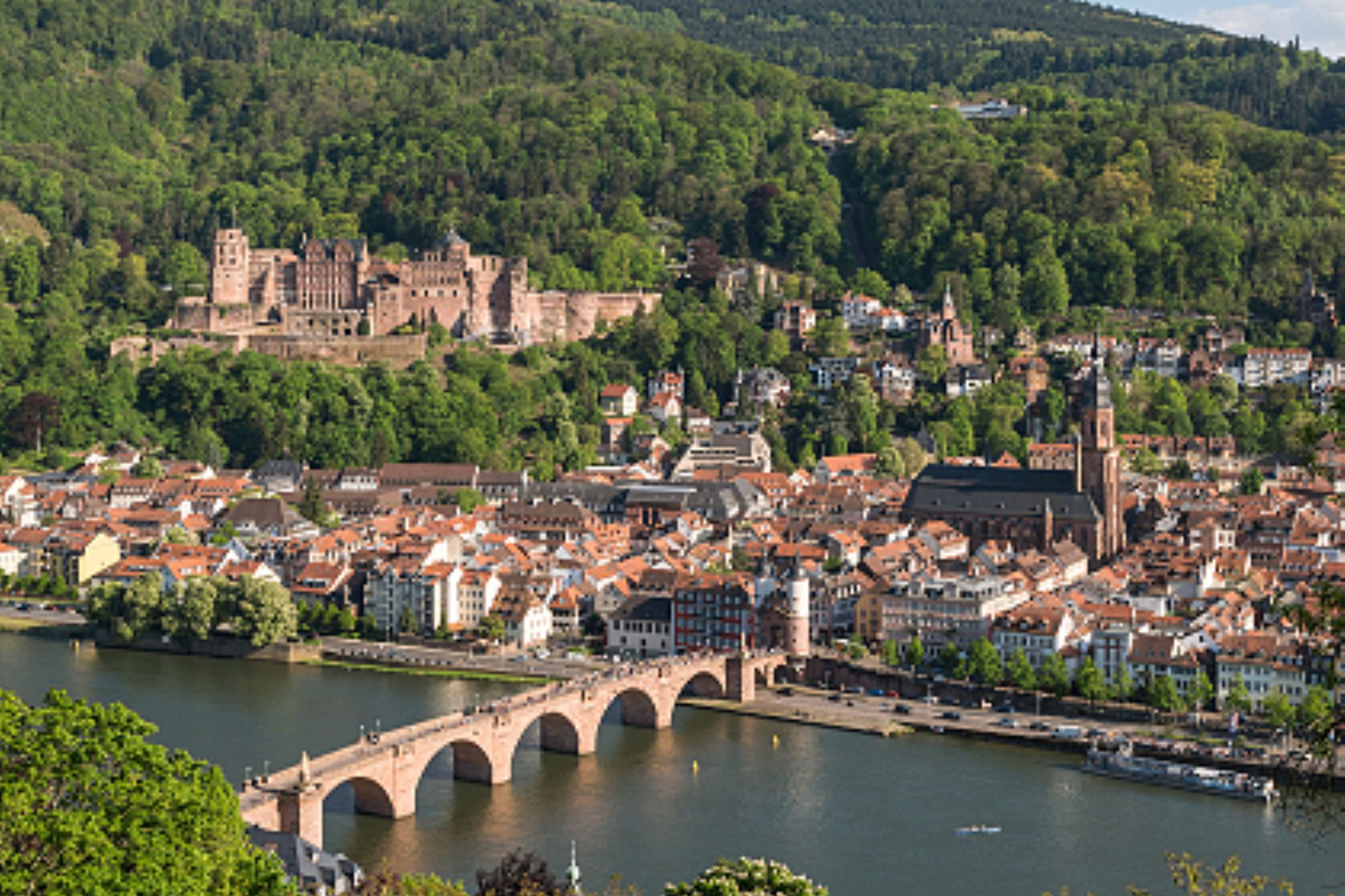 Blick auf die Alte Brücke in Heidelberg, mit der Stadt im Hintergrund.