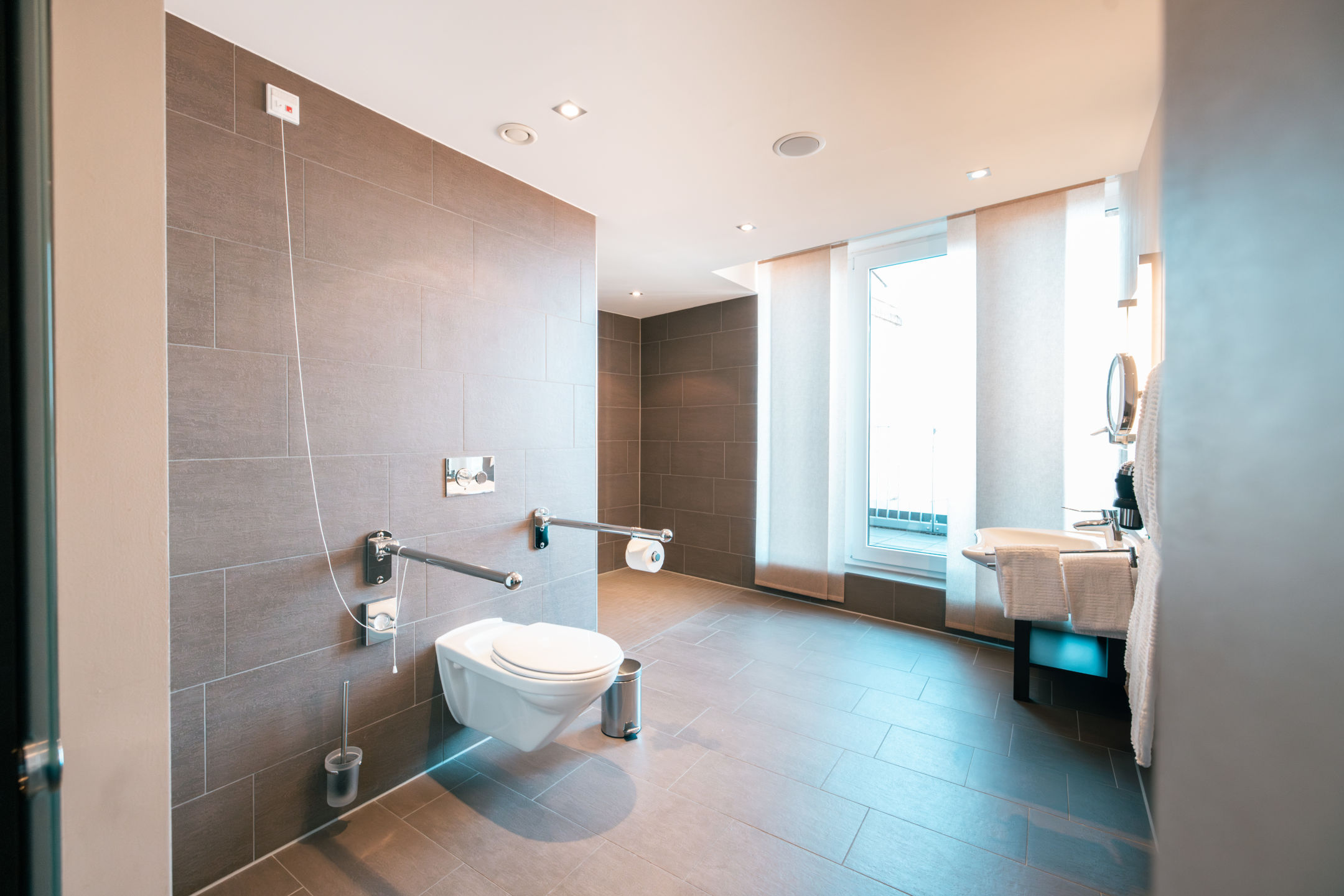 Blick auf WC mit Haltegriffen und Waschbecken