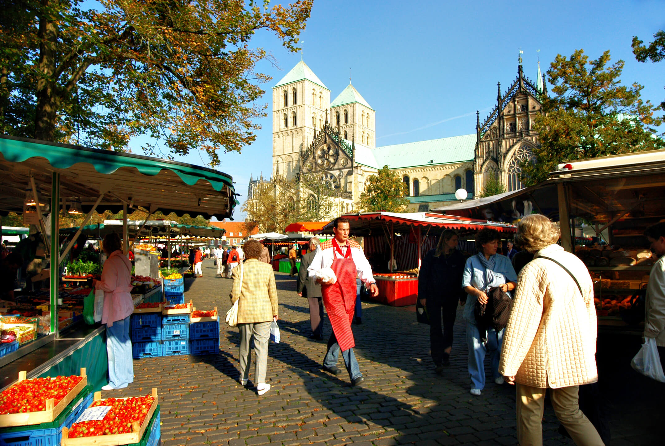Weekly market in Münster Market square in Münster with St. Paul's Cathedral in the background, bustling with market stalls and visitors in sunny weather.
