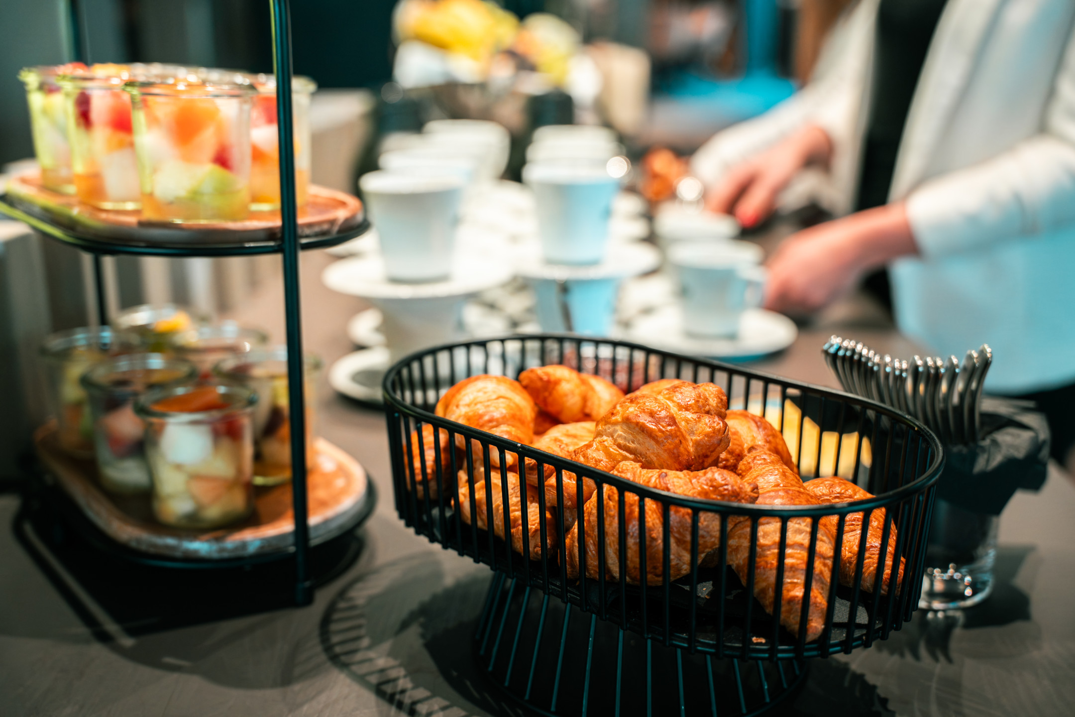 Baked goods and croissants at the breakfast buffet.