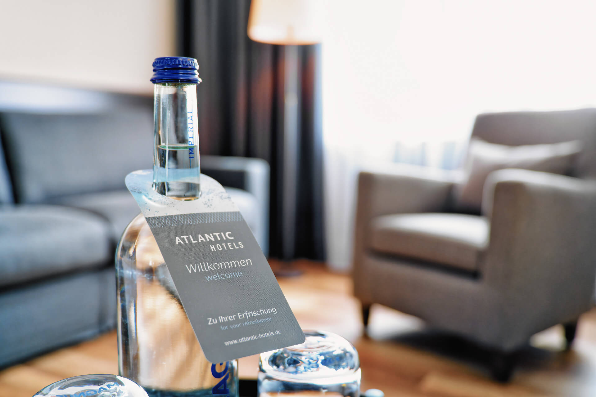 Bottle of water in the deluxe room at the ATLANTIC Hotel Landgut Horn
