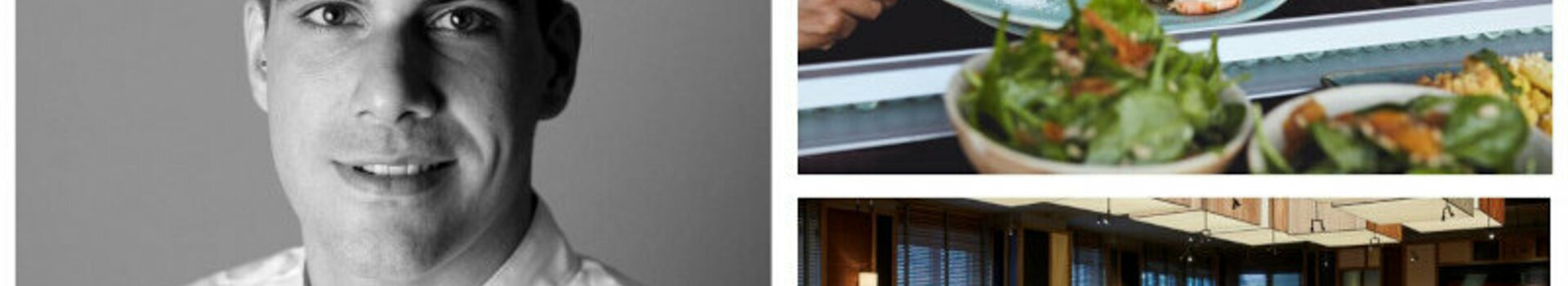 Porträt eines Kochs, serviertes Gericht mit Steak und Garnelen, elegantes Restaurant mit gedeckten Tischen.