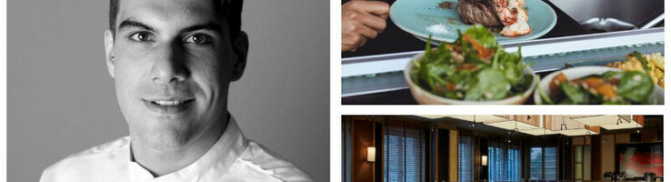 Porträt eines Kochs, serviertes Gericht mit Steak und Garnelen, elegantes Restaurant mit gedeckten Tischen.