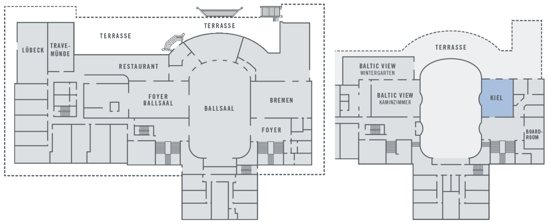 Grundriss des ATLANTIC Grand Hotel Travemünde mit Ballsaal, Restaurant, Foyers und Terrassen.