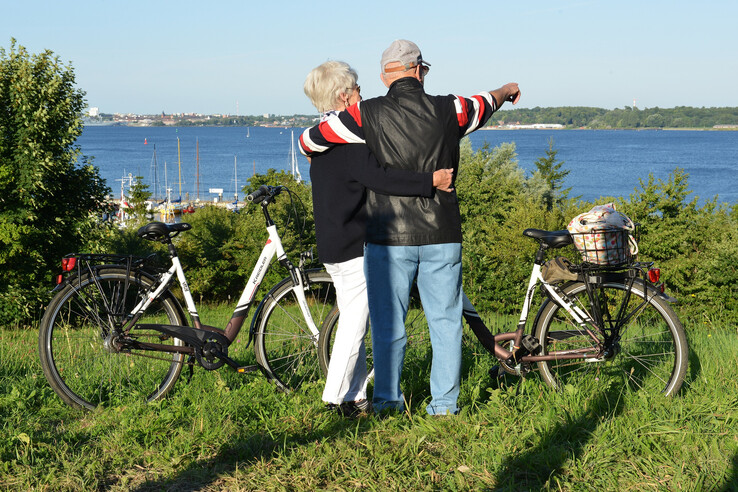Älteres Paar mit Fahrrädern blickt auf See, umgeben von grüner Landschaft und blauem Himmel.