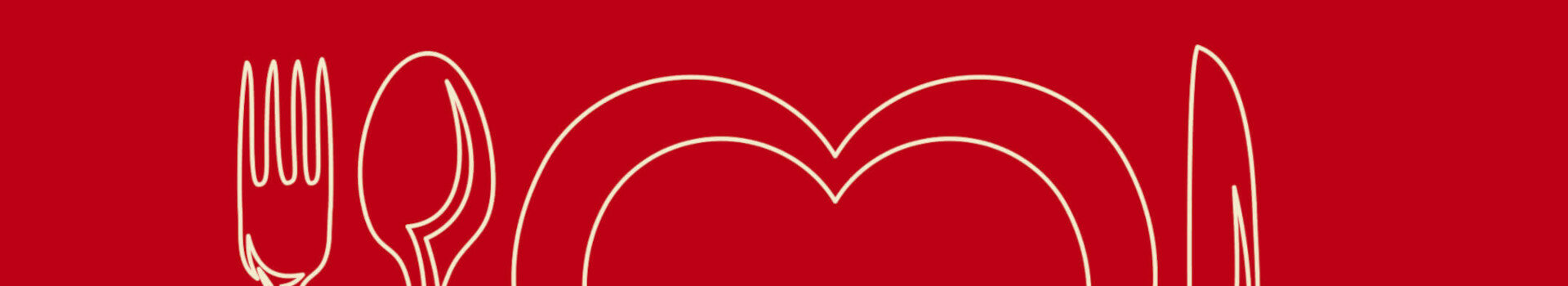 Red background graphic with white outlines of fork, spoon, plate and knife forming a heart.