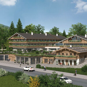 Rendering of Severin*s Tegernsee with wooden façade, surrounded by trees and mountains, with terrace and parked cars in the foreground.
