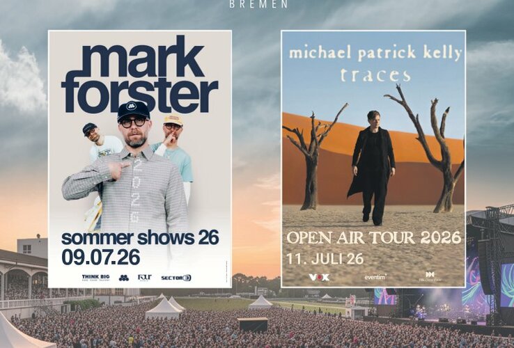 Das Bild zeigt die Bremer Galopprennbahn mit großer Bühne und Menschenmenge. Im Vordergrund die beiden Tourposter von Mark Foster "Sommer Shows 26" und Michael Patrick Kelly "traces: Open Air Tour 2026" weiter unten der Hinweis: Tickets unter eventim, Sponsoren Bremen Vier und der Weser Report 