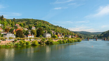 Blick auf malerische Flusslandschaft mit grünen Hügeln und charmanten Häusern am Ufer unter blauem Himmel.