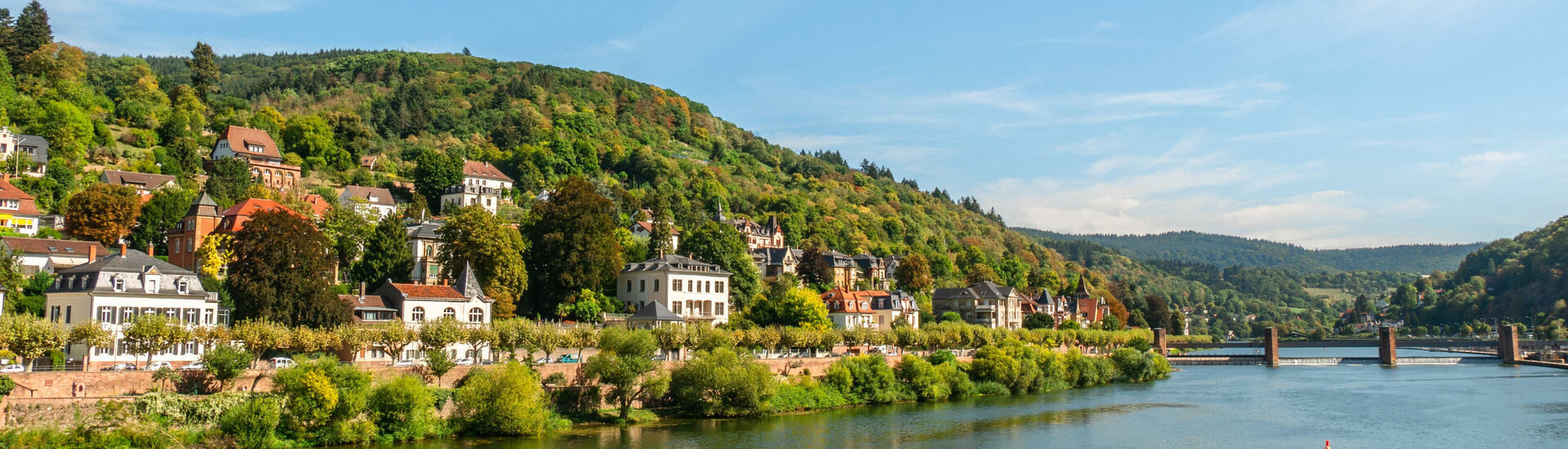 View of picturesque river landscape with green hills and charming houses on the banks under a blue sky.