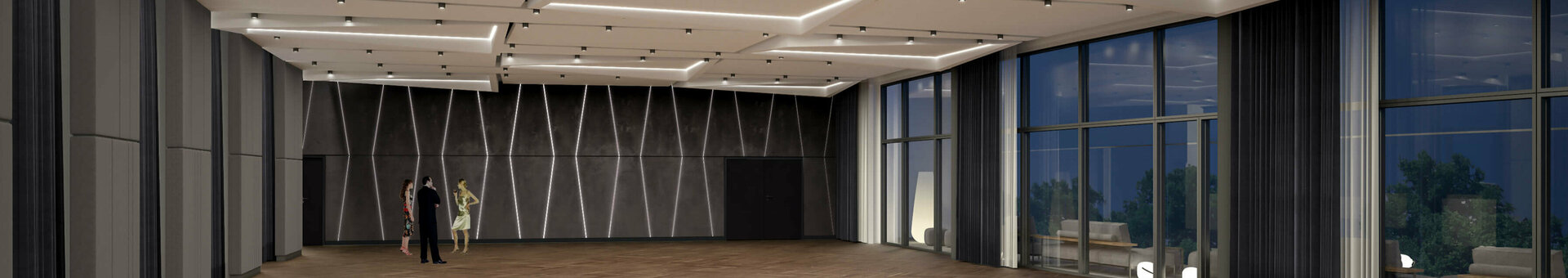 ATLANTIC Hotel Münster Engelsaal on the 6th floor Modern, empty event room in the ATLANTIC Hotel Münster with parquet flooring, LED ceiling lighting and large windows.