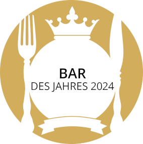 Bar of the Year 2024' award with cutlery and crown on a golden background.