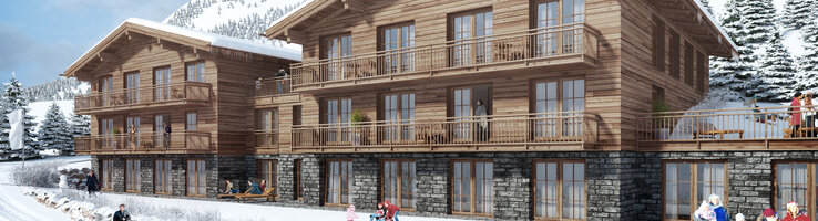 Alpine hotel made of wood in a snowy mountain landscape, guests enjoy winter activities.