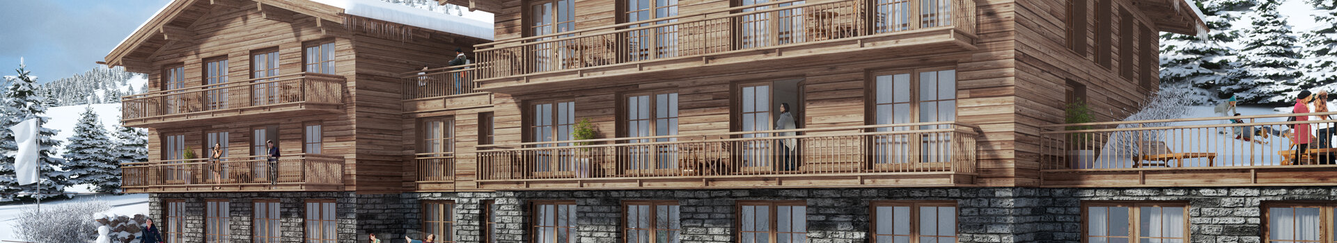 Alpine hotel made of wood in a snowy mountain landscape, guests enjoy winter activities.