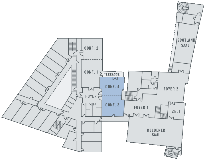 Floor plan of the ATLANTIC Grand Hotel Bremen with marked conference rooms, foyers and the Golden Hall.