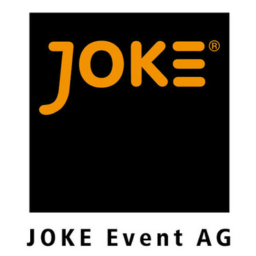 Logo der JOKE Event AG mit orangefarbenem Schriftzug auf schwarzem Hintergrund.