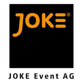 JOKE Event AG Logo der JOKE Event AG mit orangefarbenem Schriftzug auf schwarzem Hintergrund.