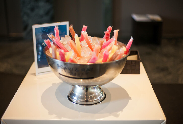 Silver bowl with colorful popsicles and ice cubes at the ATLANTIC Hotel Airport Bremen.