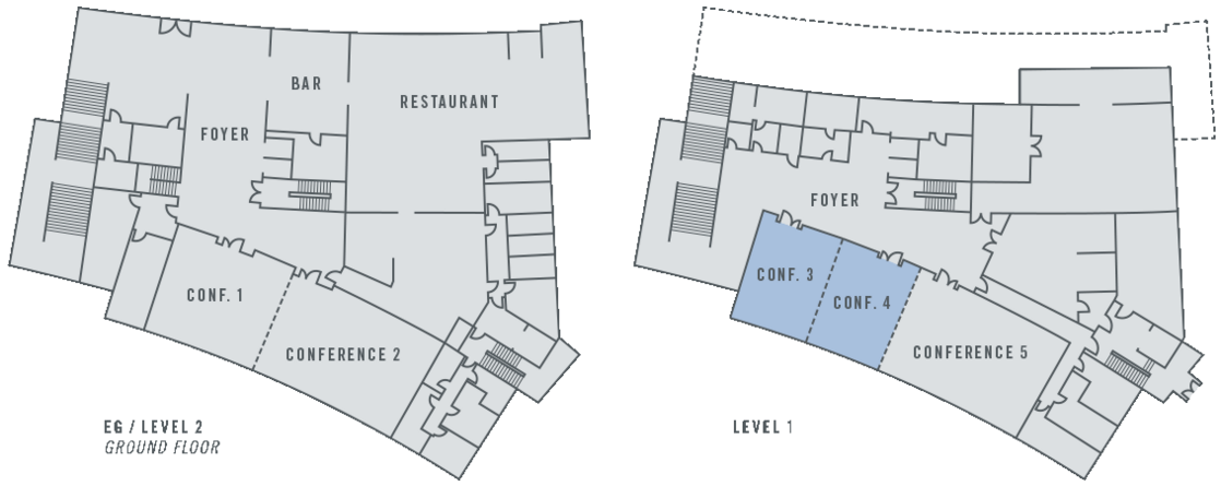 Grundriss des ATLANTIC Hotel Lübeck: Erdgeschoss mit Bar, Restaurant, Foyer; 1. Stock mit Konferenzräumen.