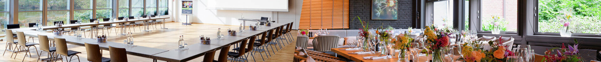 Ein Zuschnitt zwei verschiedener Fotos, auf der linken Hälfte sieht man den Veranstaltungsraum des ATLANTIC Hotels Universum, auf der rechten Seite den Wintergarten im ATLANTIC Hotel Landgut Horn.