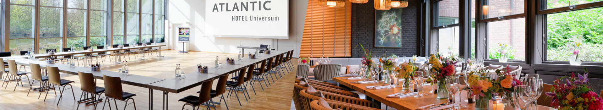 Ein Zuschnitt zwei verschiedener Fotos, auf der linken Hälfte sieht man den Veranstaltungsraum des ATLANTIC Hotels Universum, auf der rechten Seite den Wintergarten im ATLANTIC Hotel Landgut Horn.