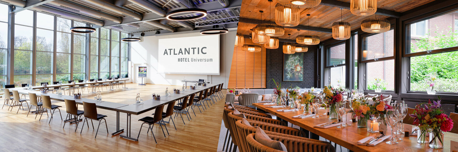 Ein Zuschnitt zwei verschiedener Fotos, auf der linken Hälfte sieht man den Veranstaltungsraum des ATLANTIC Hotels Universum, auf der rechten Seite den Wintergarten im ATLANTIC Hotel Landgut Horn.
