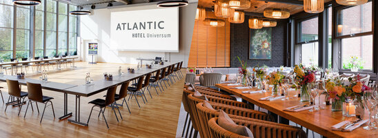 Ein Zuschnitt zwei verschiedener Fotos, auf der linken Hälfte sieht man den Veranstaltungsraum des ATLANTIC Hotels Universum, auf der rechten Seite den Wintergarten im ATLANTIC Hotel Landgut Horn.