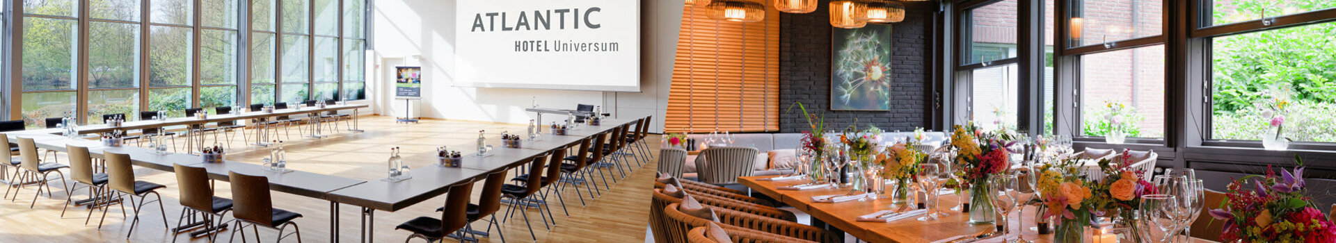 Ein Zuschnitt zwei verschiedener Fotos, auf der linken Hälfte sieht man den Veranstaltungsraum des ATLANTIC Hotels Universum, auf der rechten Seite den Wintergarten im ATLANTIC Hotel Landgut Horn.