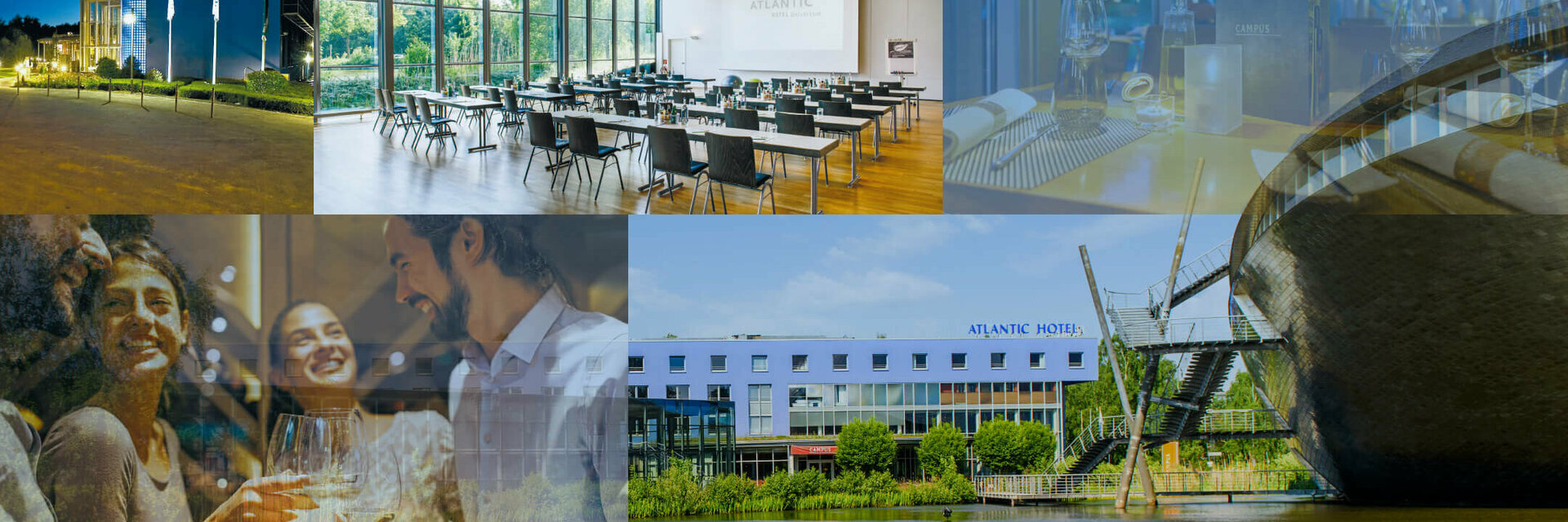 Collage aus Hotelansichten: modernes Gebäude, Konferenzraum, Restaurant, fröhliche Gäste, Frühstücksbuffet im ATLANTIC Hotel.