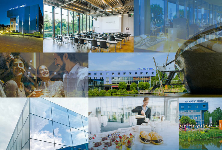 Collage aus Hotelansichten: modernes Gebäude, Konferenzraum, Restaurant, fröhliche Gäste, Frühstücksbuffet im ATLANTIC Hotel.