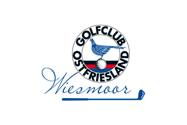 Logo des Golfclubs Ostfriesland Wiesmoor mit Vogel auf Golfball und Golfclub-Schriftzug.