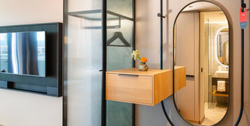 A coat rack and mirror in the entrance area of the room.
