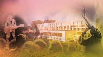 Ein Konzertpublikum mit Effekten eingefügt über dem ATLANTIC Hotel Galopprennbahn