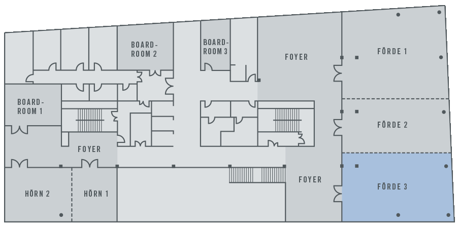 Grundriss des ATLANTIC Hotel Kiel mit Tagungsräumen: Boardrooms, Hörn 1 und 2, Foyer, Förde 1-3.