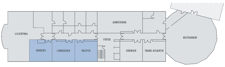 Grundriss des ATLANTIC Hotel Airport Bremen mit markierten Konferenzräumen und Restaurantbereich.
