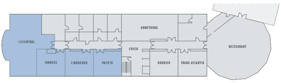 Grundriss des ATLANTIC Hotel Airport Bremen mit markierten Konferenzräumen und Restaurant.