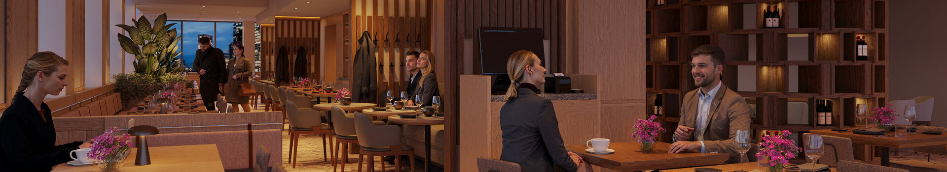 The modern restaurant at the ATLANTIC Hotel Frankfurt, featuring various seating areas, warm lighting and wooden partitions.