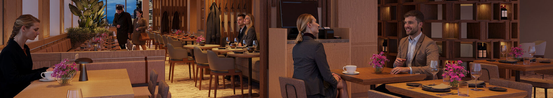 Das moderne Restaurant im ATLANTIC Hotel Frankfurt mit verschiedenen Tischgruppen, warmen Licht und hölzernen Trennwänden.