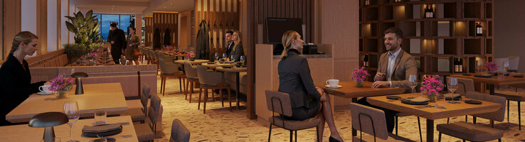 Das moderne Restaurant im ATLANTIC Hotel Frankfurt mit verschiedenen Tischgruppen, warmen Licht und hölzernen Trennwänden.