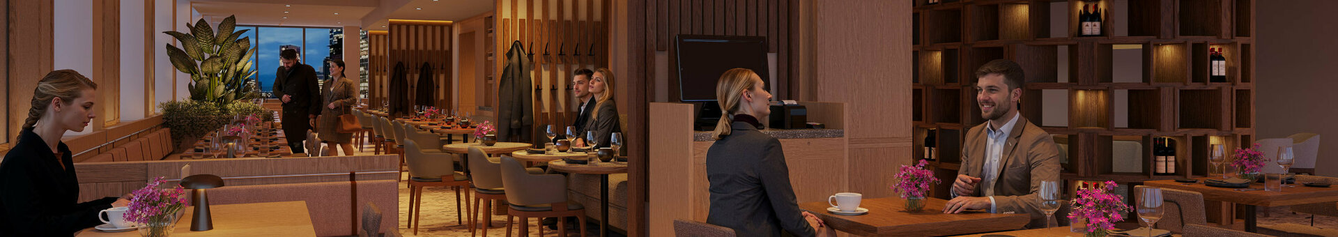The modern restaurant at the ATLANTIC Hotel Frankfurt, featuring various seating areas, warm lighting and wooden partitions.