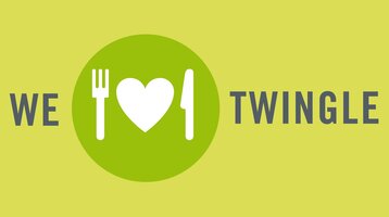 Grünes Logo mit Gabel, Herz und Messer, daneben Text „We love Twingle“ auf gelbem Hintergrund.