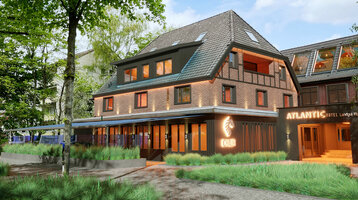 ATLANTIC Hotel Landgut Horn  Backsteingebäude des ATLANTIC Hotel Landgut Horn Bremen, umgeben von Bäumen und gepflegten Grünflächen.