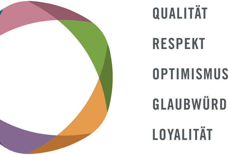 Colorful, abstract circle logo with the values of quality, respect, optimism, credibility and loyalty next to it.
