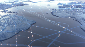 Stilisierte Weltkarte mit leuchtenden Linien und Punkten, die globale Vernetzung symbolisieren.