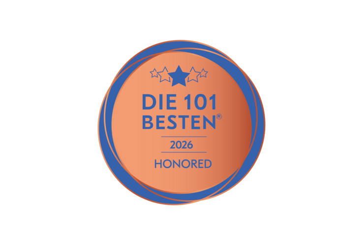 Siegel der Auszeichnung "Die 101 Besten Deutschlands" für das Jahr 2026 - bronzener Kreis mit blauer Umrandung