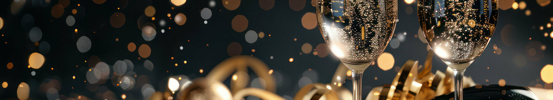 Zwei gefüllte Sektgläser und eine Flasche umgeben von goldenen Dekorationen vor funkelndem Hintergrund.