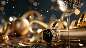 Zwei gefüllte Sektgläser und eine Flasche umgeben von goldenen Dekorationen vor funkelndem Hintergrund.