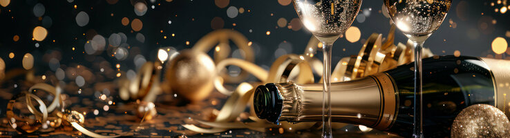 Zwei gefüllte Sektgläser und eine Flasche umgeben von goldenen Dekorationen vor funkelndem Hintergrund.