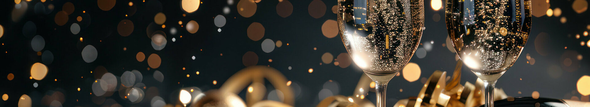Two filled champagne glasses and a bottle surrounded by golden decorations against a sparkling background.
