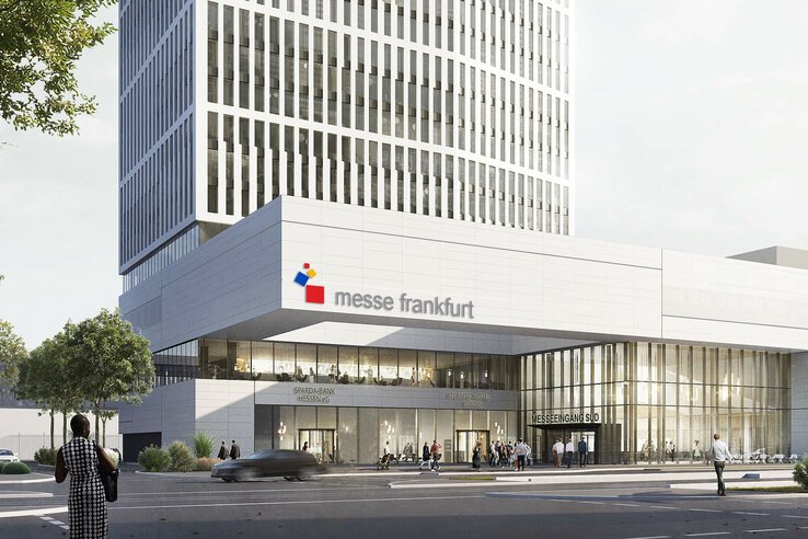 Rendering of the new ATLANTIC Hotel Frankfurt. A white, modern building with access to the Frankfurt Exhibition Centre.